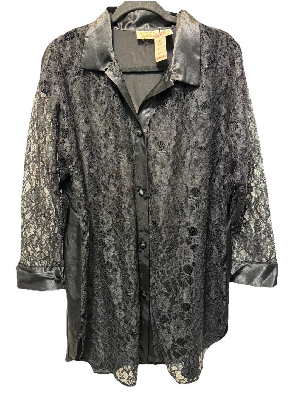 NWT Victoria's Secret VTG Gold Label Black Sheer Lace Button Sleep Shirt Sz PS